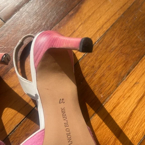 Manolo Blahnik Pink Pony Hair Slingback Heels Size 37 Kitten Heel - Picture 13 of 16